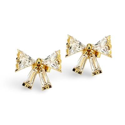 Scalloped Edge CZ Baguette Bow Stud Earrings