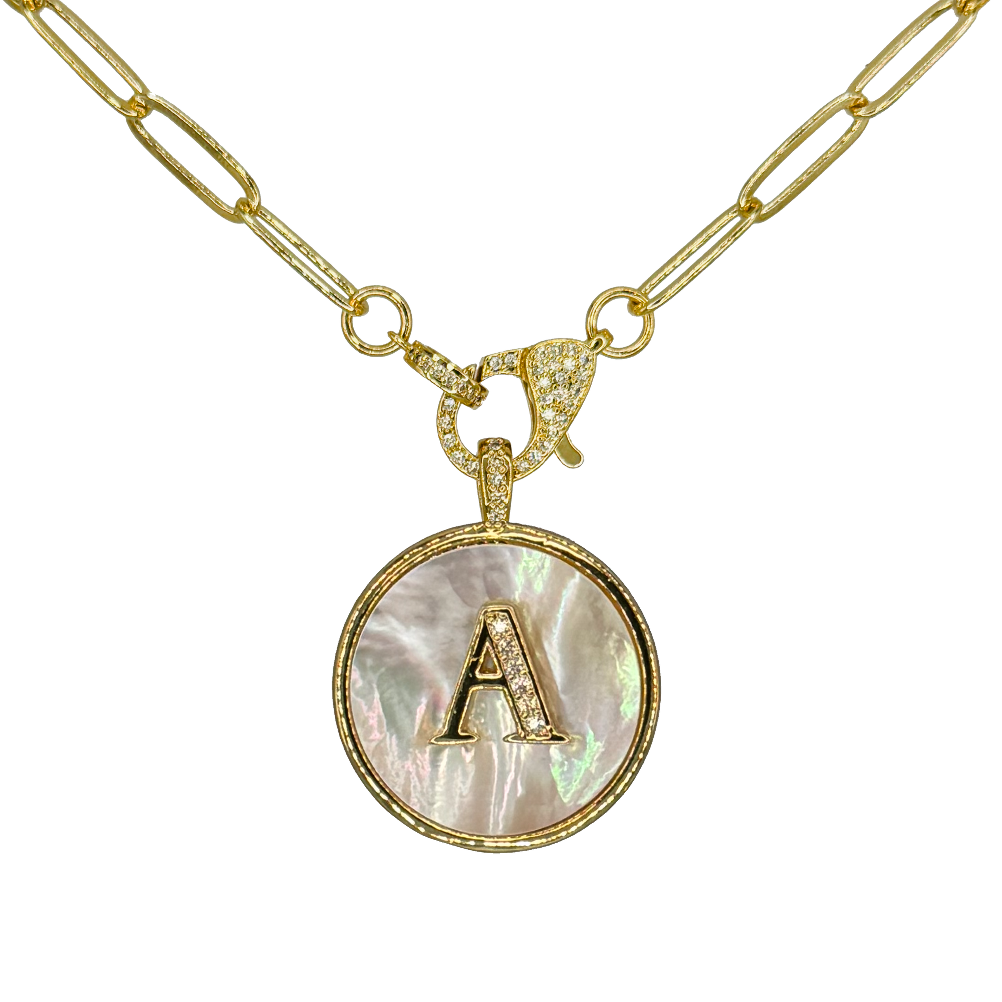 Mother of Pearl Pave Monogram Paperclip Necklace