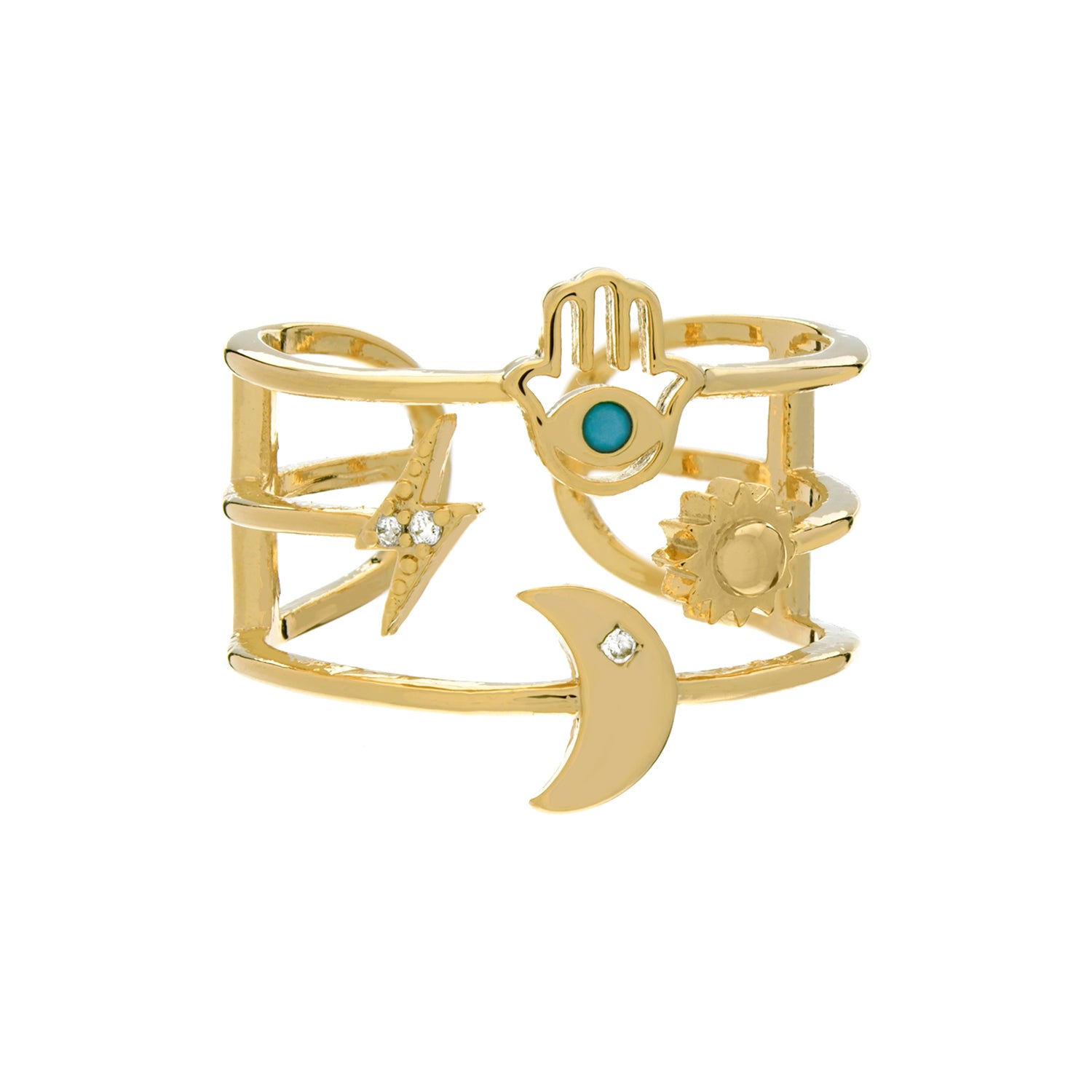 Moon, Bolt, Hamsa, and Sun Trio Ring